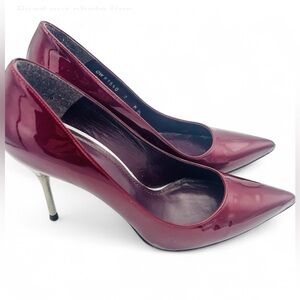 Stuart Weitzman Burgundy Red Patent Leather Stiletto Silver METAL HEELS Size 7